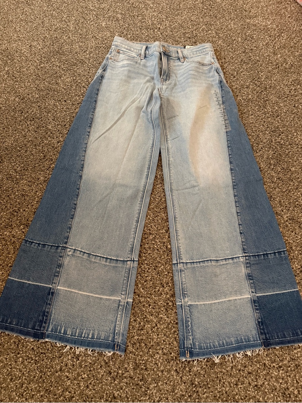 Wide Leg Two-Tone Patchwork Jeans - Light & Medium Blue